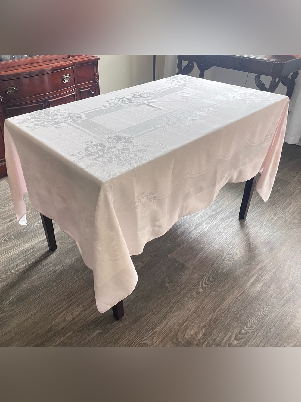 Vintage Tablecloth Pink Roses Damask Cotton Shabby Chic 58x76